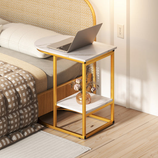 C-shaped Modern Sofa Side Table with Faux Marble Tabletop and Storage Shelf-White