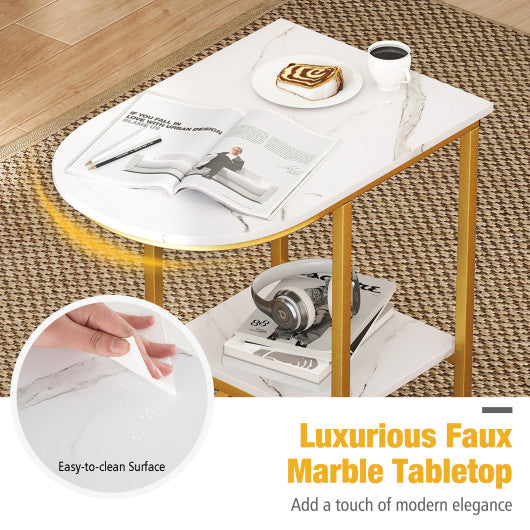 C-shaped Modern Sofa Side Table with Faux Marble Tabletop and Storage Shelf-White