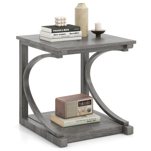 C-shaped 24 Inch 2 Tier Square End Table Sofa Side Table-Grey