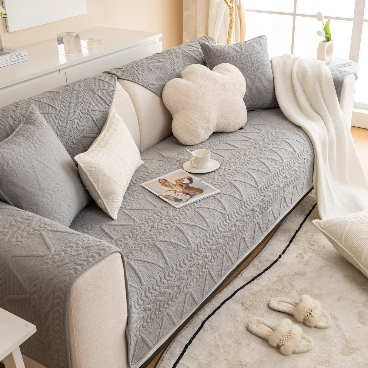 Geometric Textured Cotton Quilted Sofa Cover, Non-Slip Washable Couch Protector