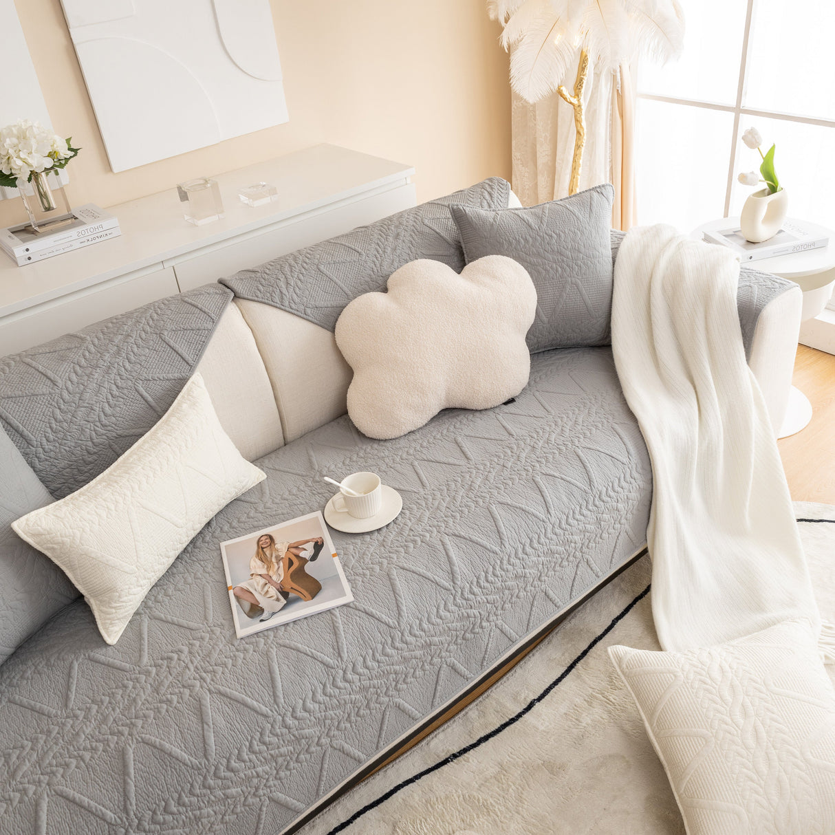 Geometric Textured Cotton Quilted Sofa Cover, Non-Slip Washable Couch Protector