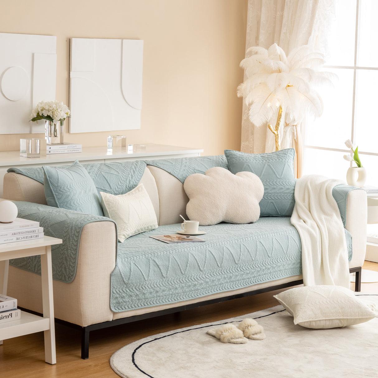 Geometric Textured Cotton Quilted Sofa Cover, Non-Slip Washable Couch Protector