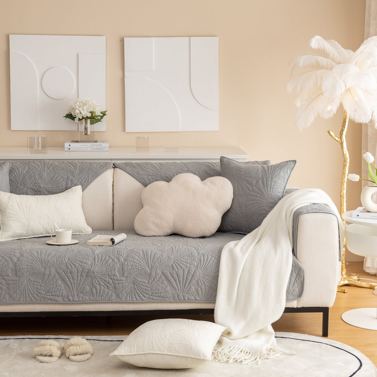 Embossed Leaf Cotton Quilted Sofa Cover Non-Slip Couch Protector with Thick Padding