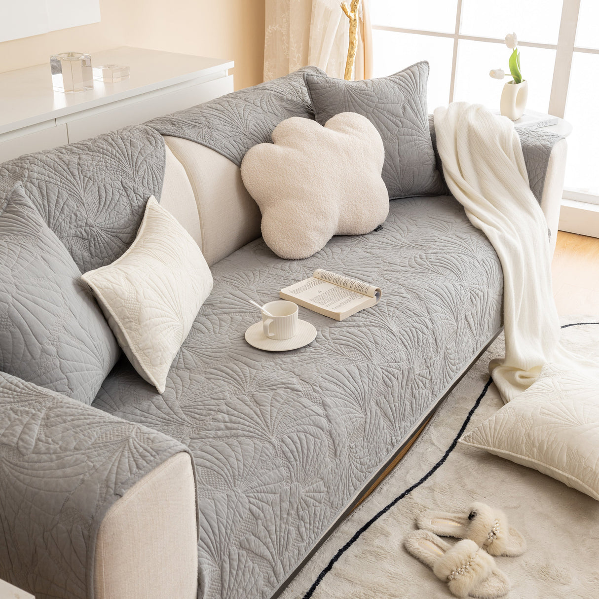 Embossed Leaf Cotton Quilted Sofa Cover Non-Slip Couch Protector with Thick Padding