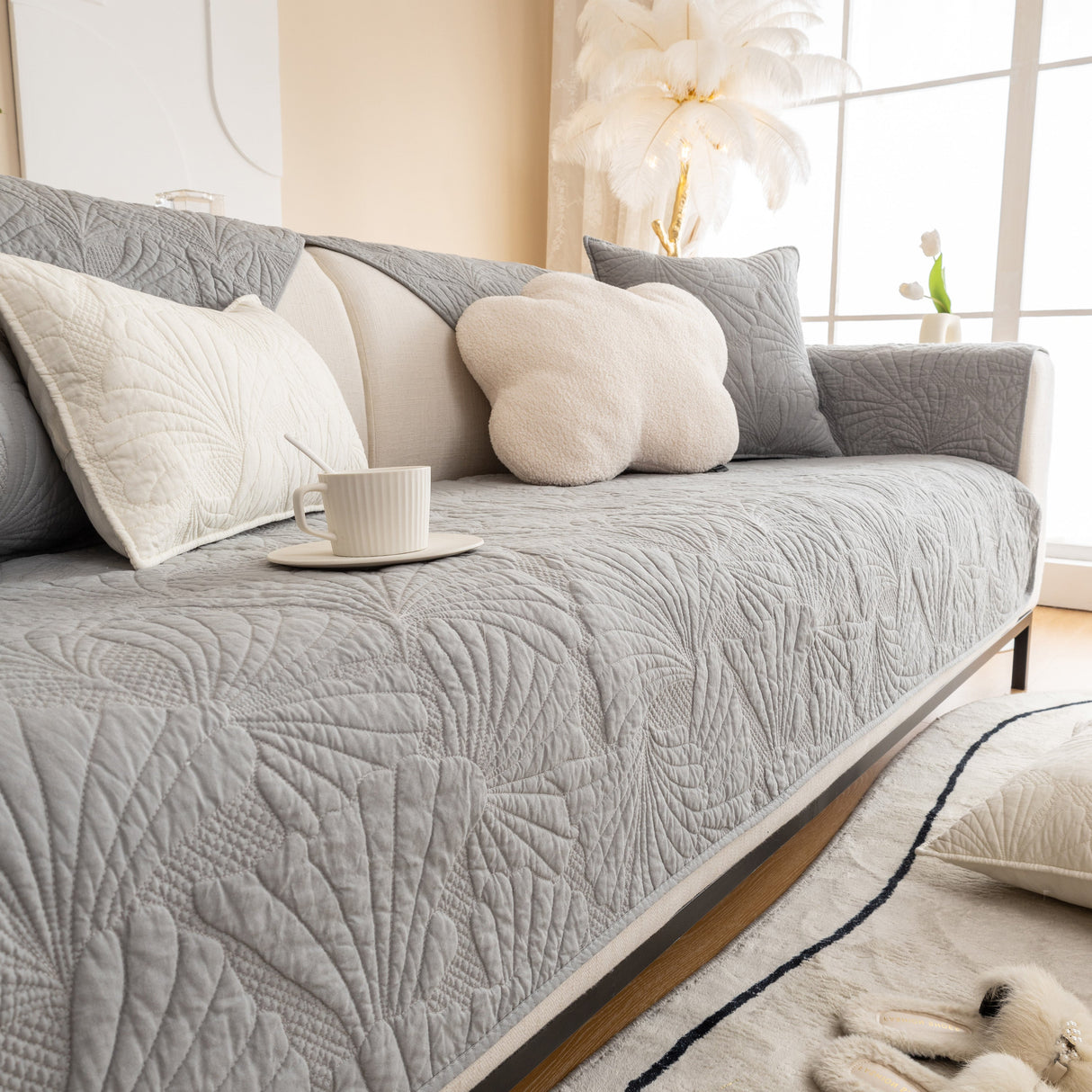 Embossed Leaf Cotton Quilted Sofa Cover Non-Slip Couch Protector with Thick Padding