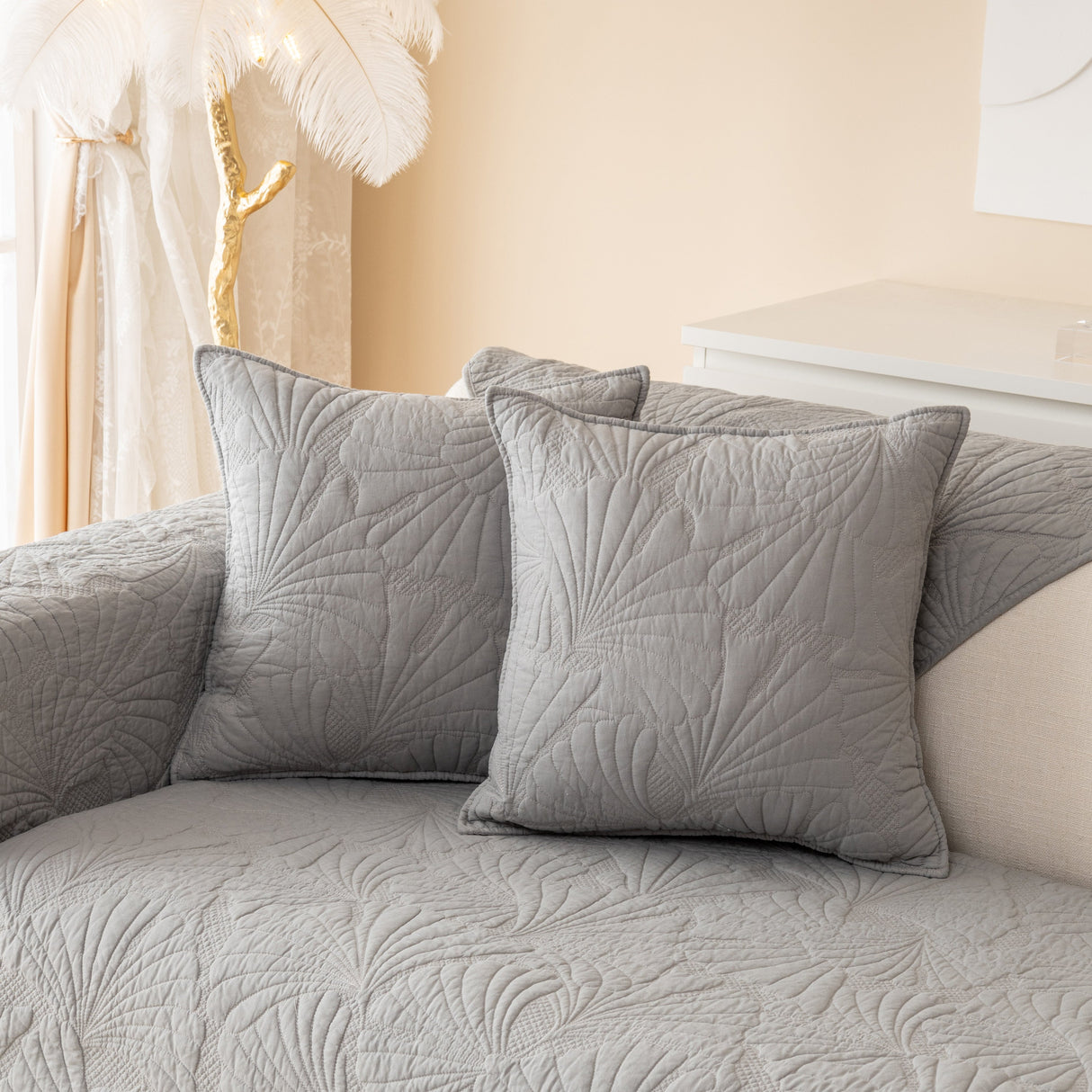 Embossed Leaf Cotton Quilted Sofa Cover Non-Slip Couch Protector with Thick Padding