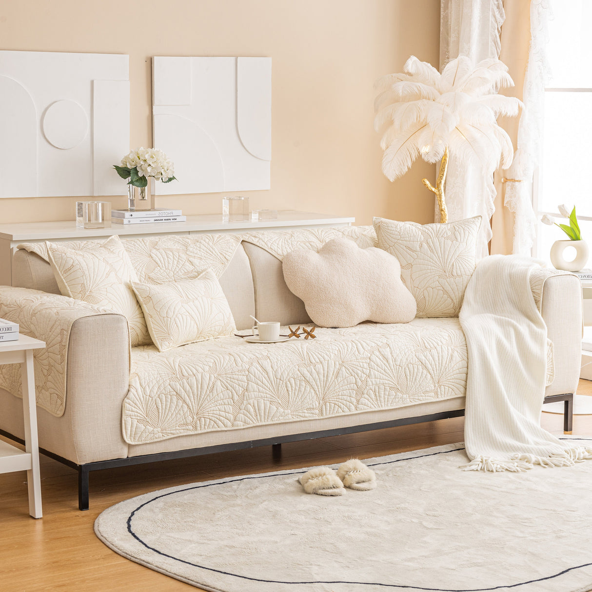 Embossed Leaf Cotton Quilted Sofa Cover Non-Slip Couch Protector with Thick Padding