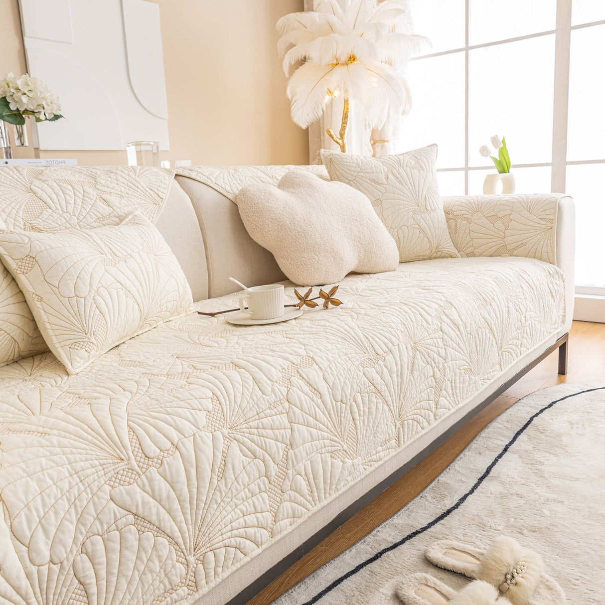 Embossed Leaf Cotton Quilted Sofa Cover Non-Slip Couch Protector with Thick Padding