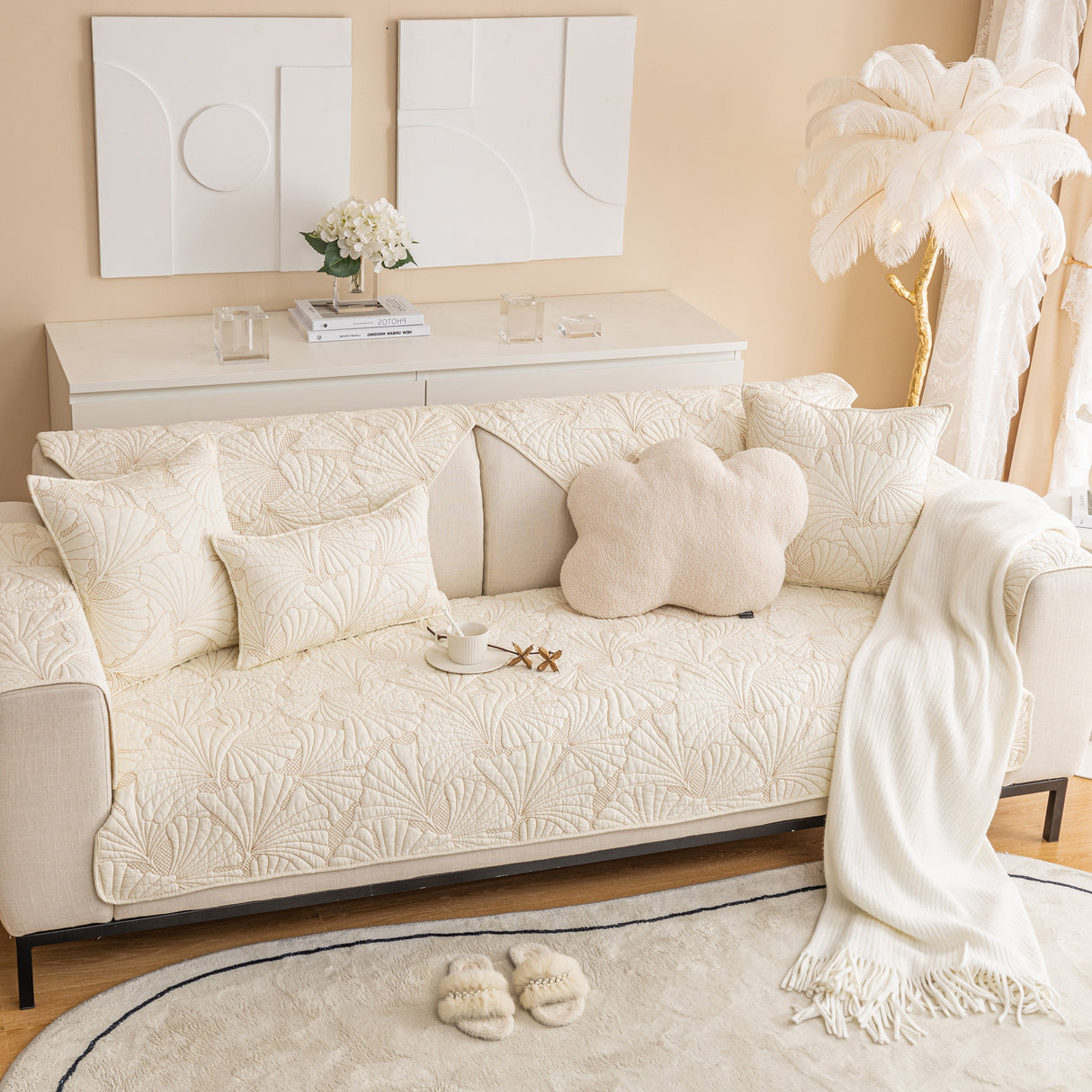 Embossed Leaf Cotton Quilted Sofa Cover Non-Slip Couch Protector with Thick Padding