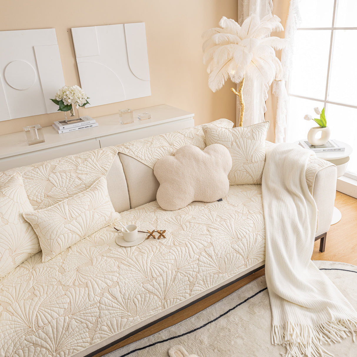 Embossed Leaf Cotton Quilted Sofa Cover Non-Slip Couch Protector with Thick Padding