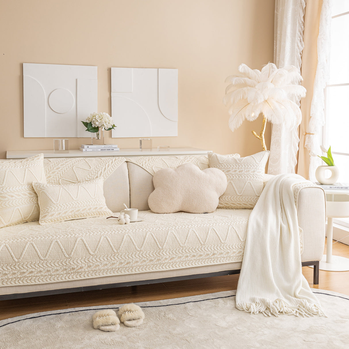 Geometric Textured Cotton Quilted Sofa Cover, Non-Slip Washable Couch Protector