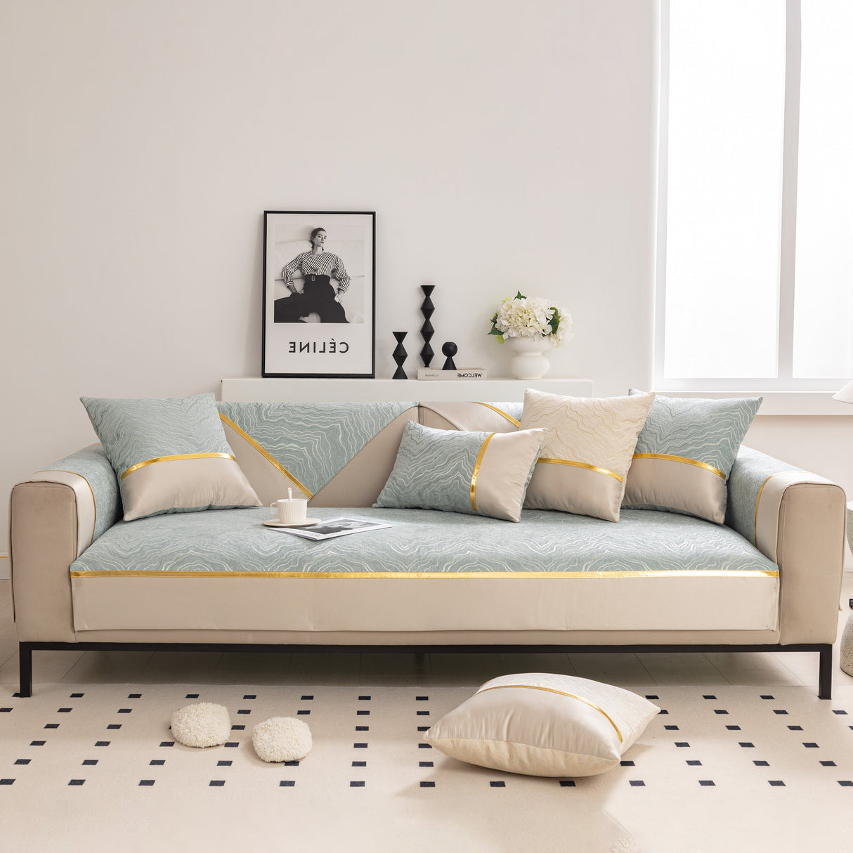 Modular Sofa Cover for Sectionals, Gold Striped Non-Slip Couch Protector