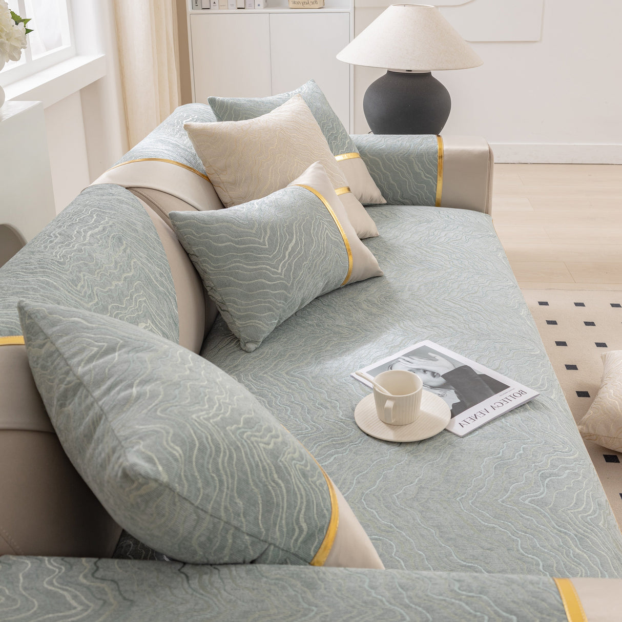 Modular Sofa Cover for Sectionals, Gold Striped Non-Slip Couch Protector