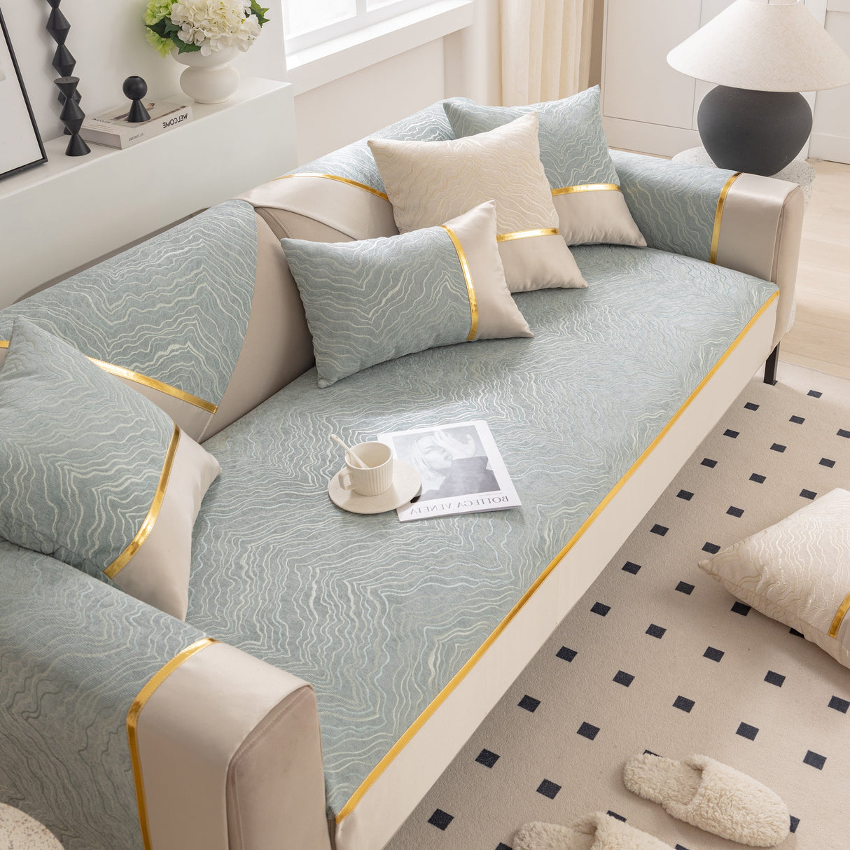 Modular Sofa Cover for Sectionals, Gold Striped Non-Slip Couch Protector