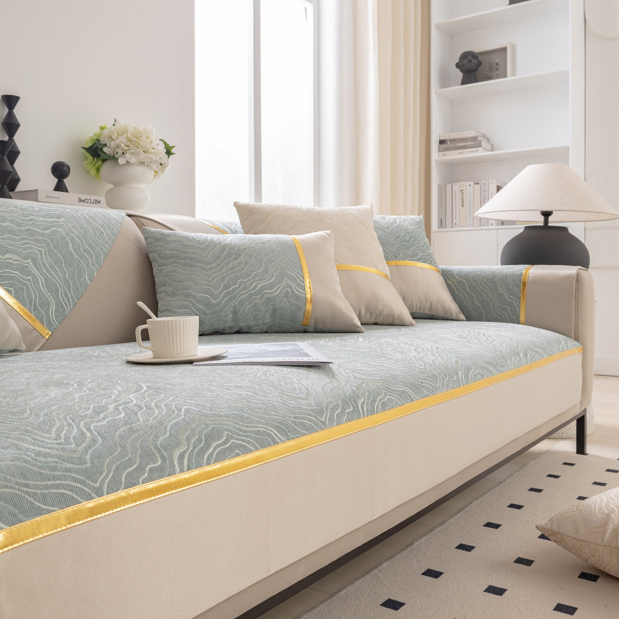 Modular Sofa Cover for Sectionals, Gold Striped Non-Slip Couch Protector