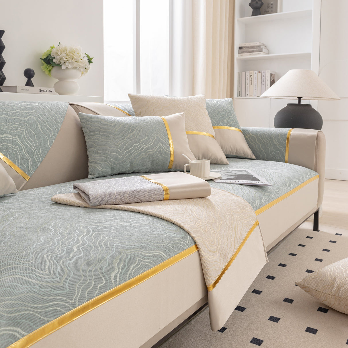 Modular Sofa Cover for Sectionals, Gold Striped Non-Slip Couch Protector