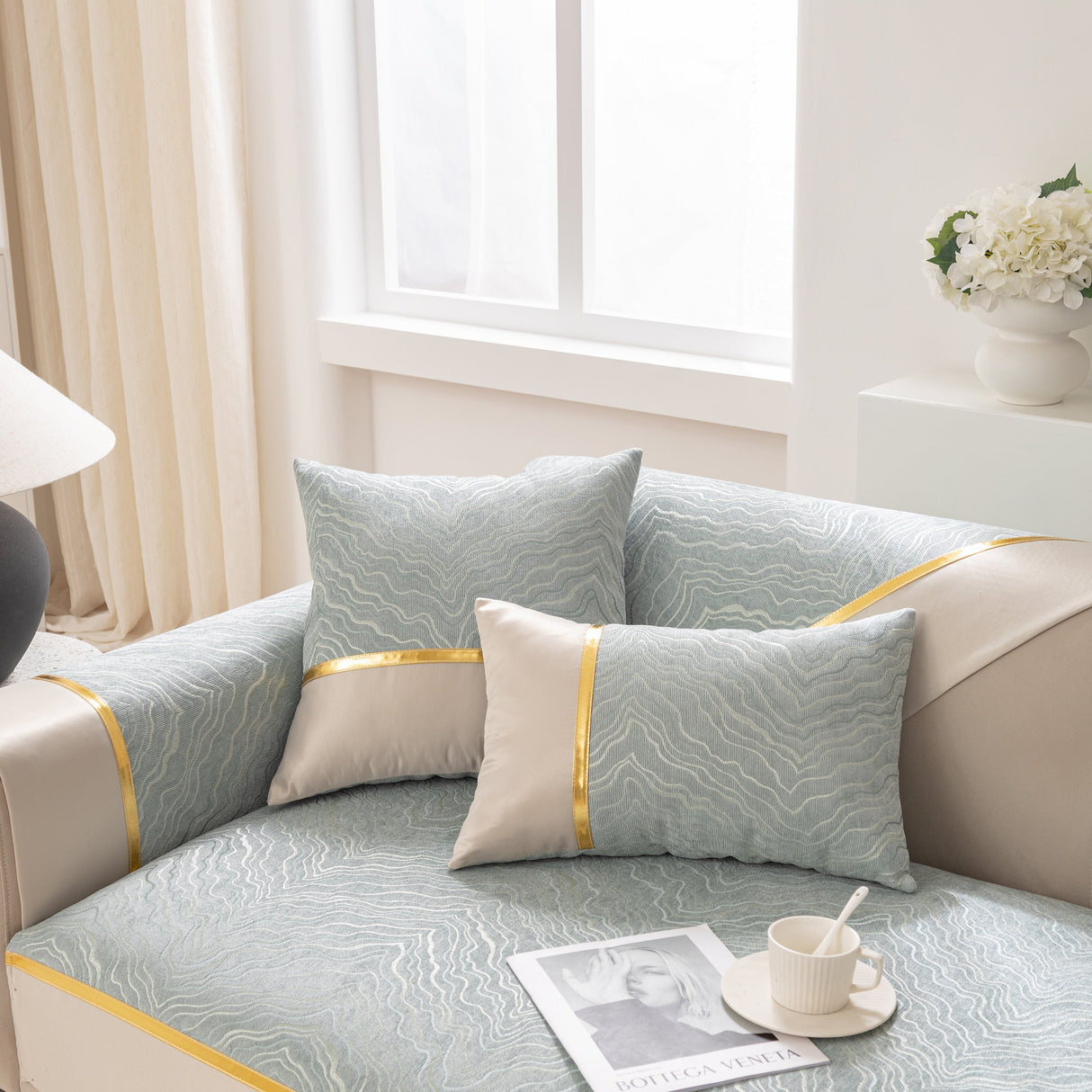 Modular Sofa Cover for Sectionals, Gold Striped Non-Slip Couch Protector