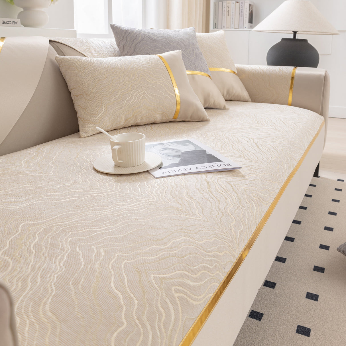 Modular Sofa Cover for Sectionals, Gold Striped Non-Slip Couch Protector