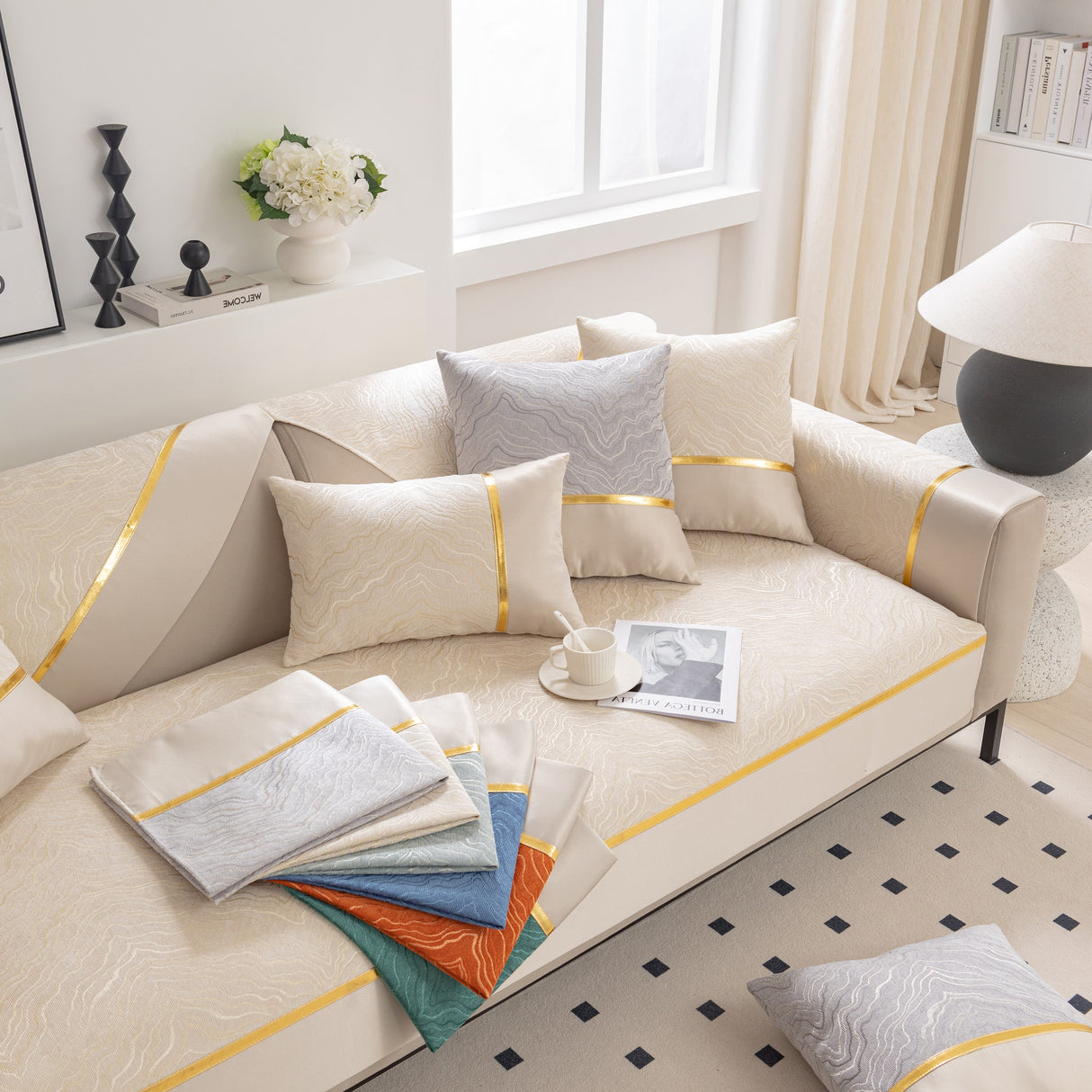 Modular Sofa Cover for Sectionals, Gold Striped Non-Slip Couch Protector