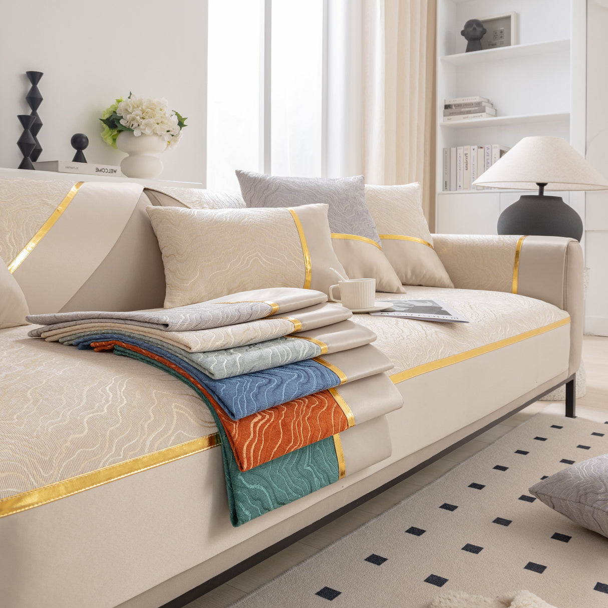 Modular Sofa Cover for Sectionals, Gold Striped Non-Slip Couch Protector