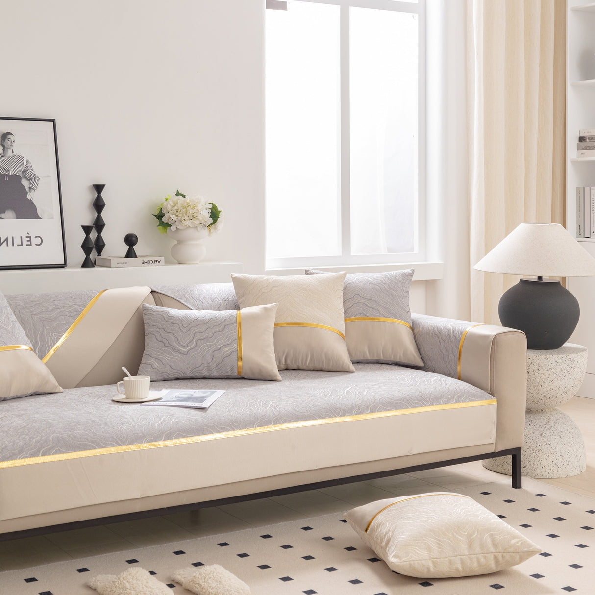 Modular Sofa Cover for Sectionals, Gold Striped Non-Slip Couch Protector