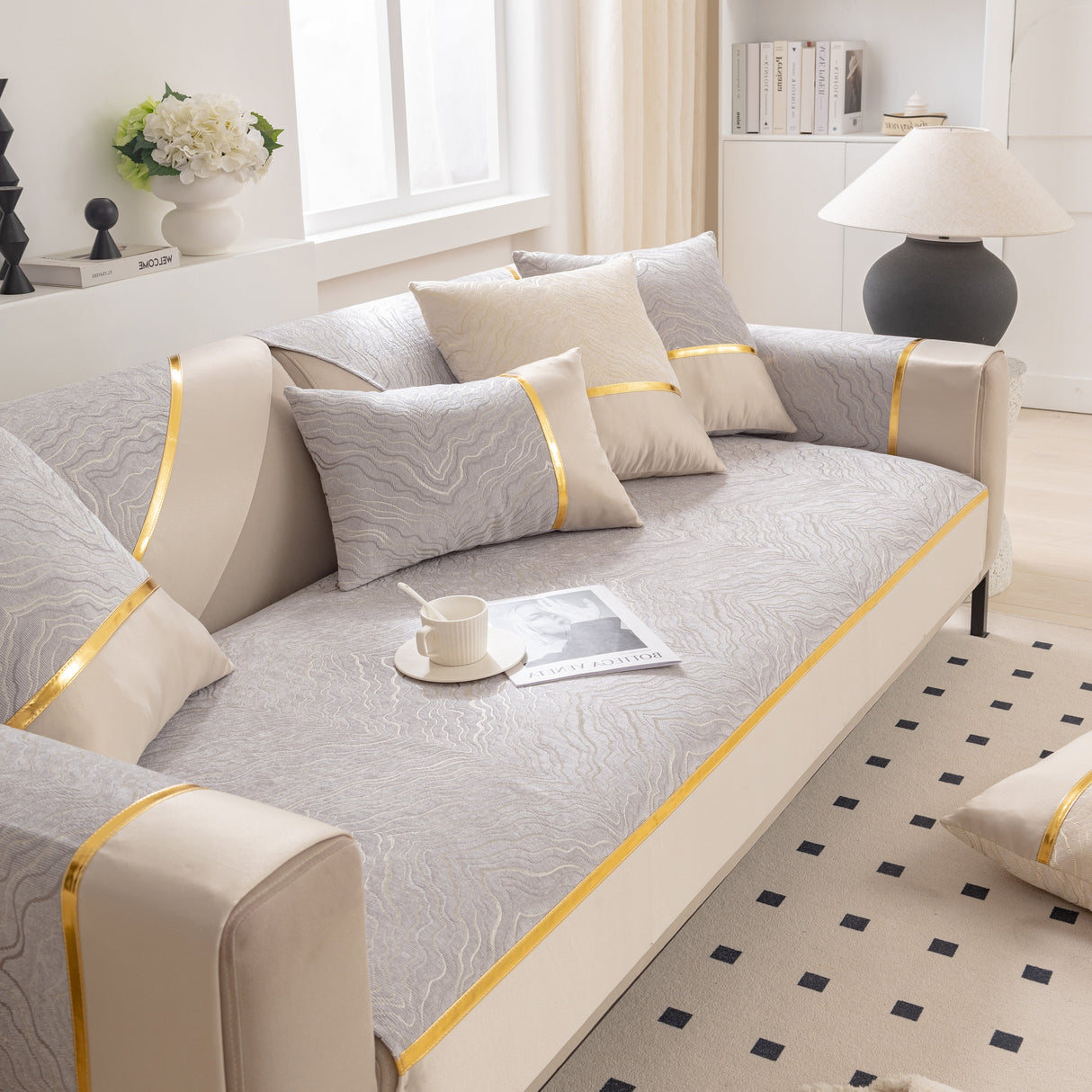 Modular Sofa Cover for Sectionals, Gold Striped Non-Slip Couch Protector