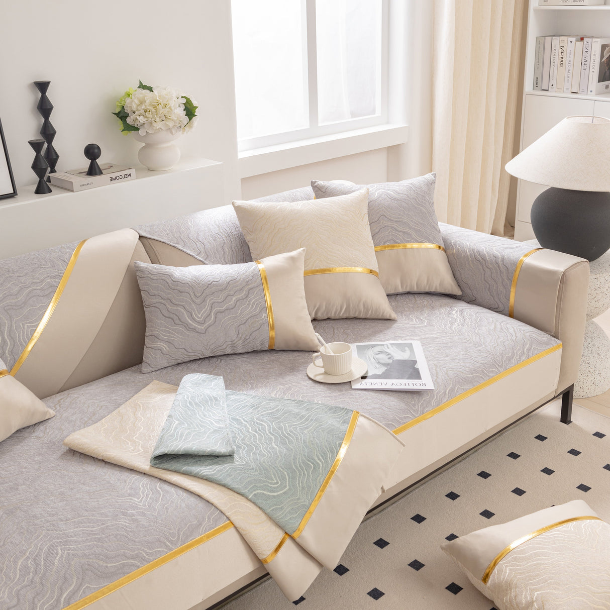 Modular Sofa Cover for Sectionals, Gold Striped Non-Slip Couch Protector