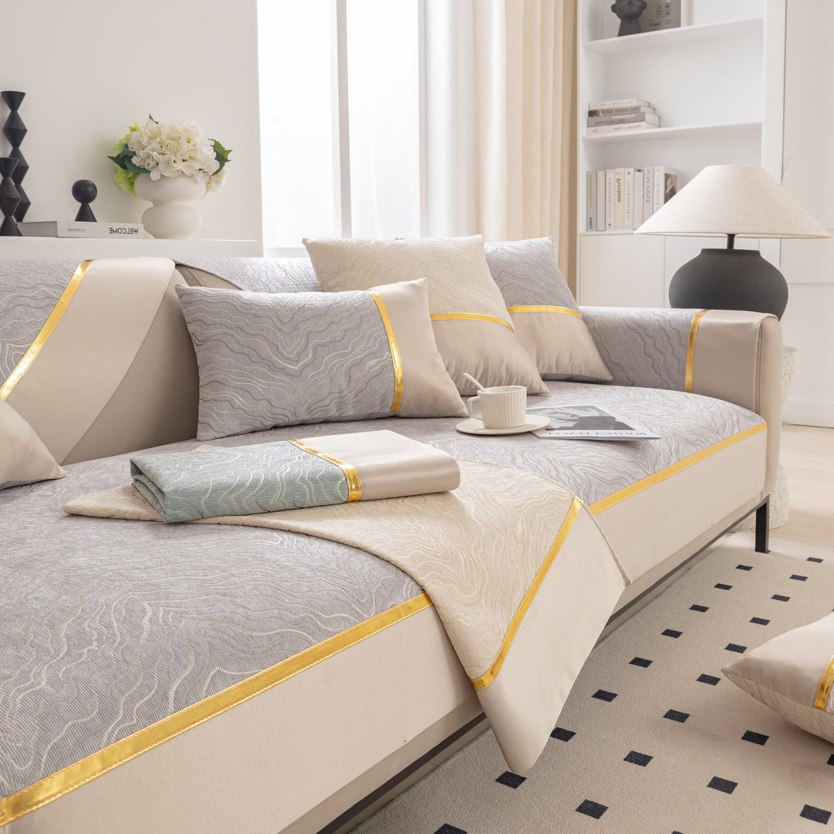 Modular Sofa Cover for Sectionals, Gold Striped Non-Slip Couch Protector