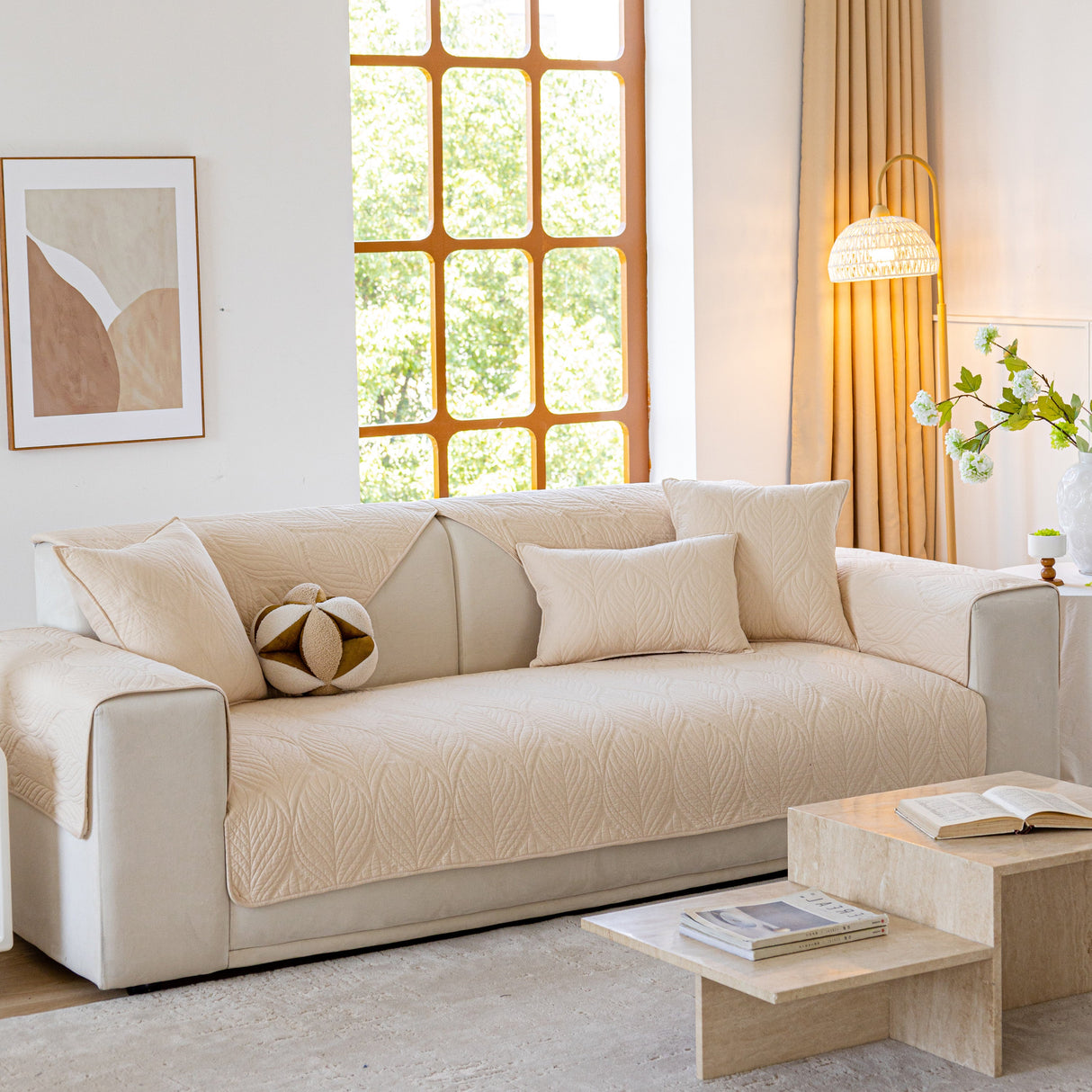 Leaf Vein Textured Cotton Quilted Sofa Slipcover, Non-Slip Modular Couch Covers