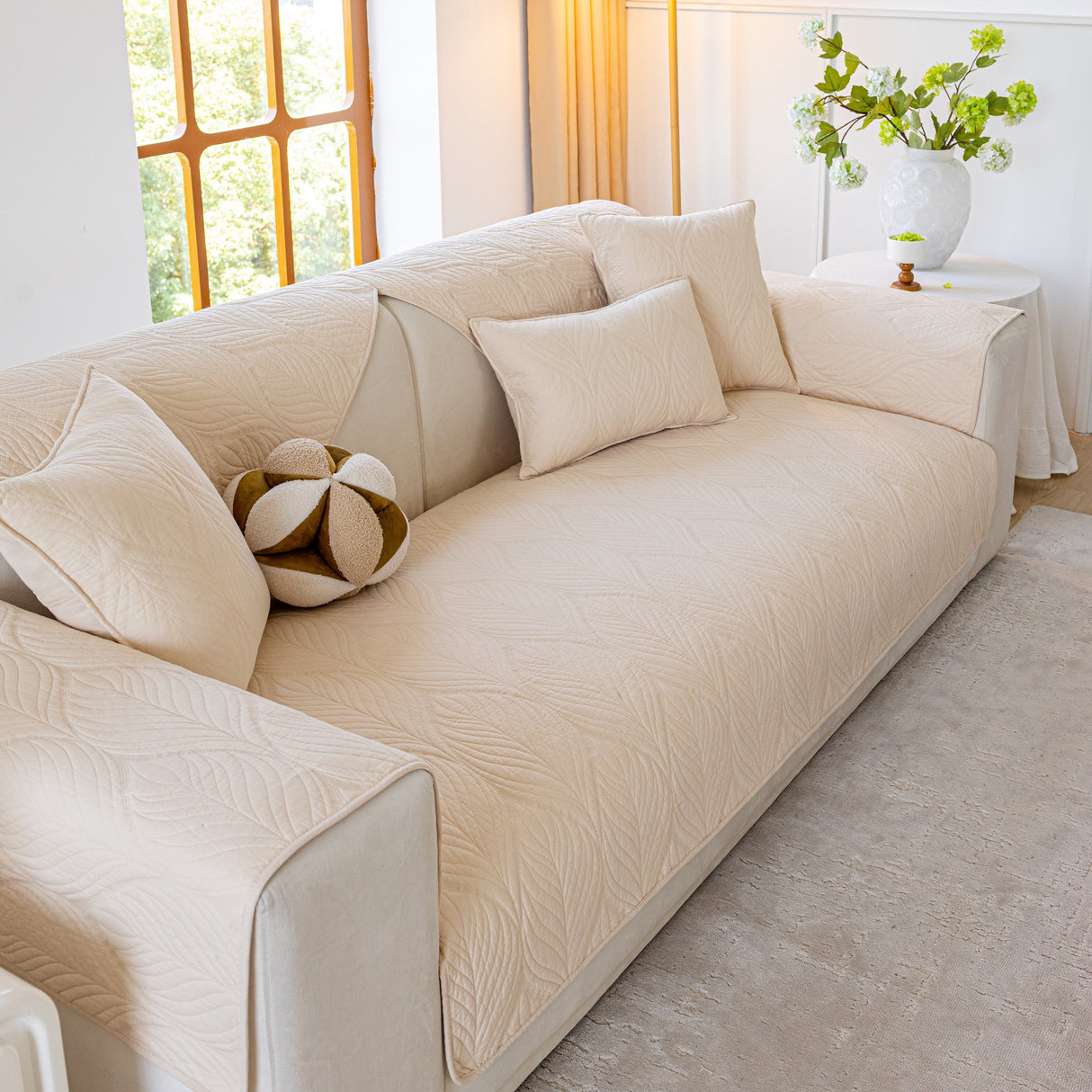 Leaf Vein Textured Cotton Quilted Sofa Slipcover, Non-Slip Modular Couch Covers