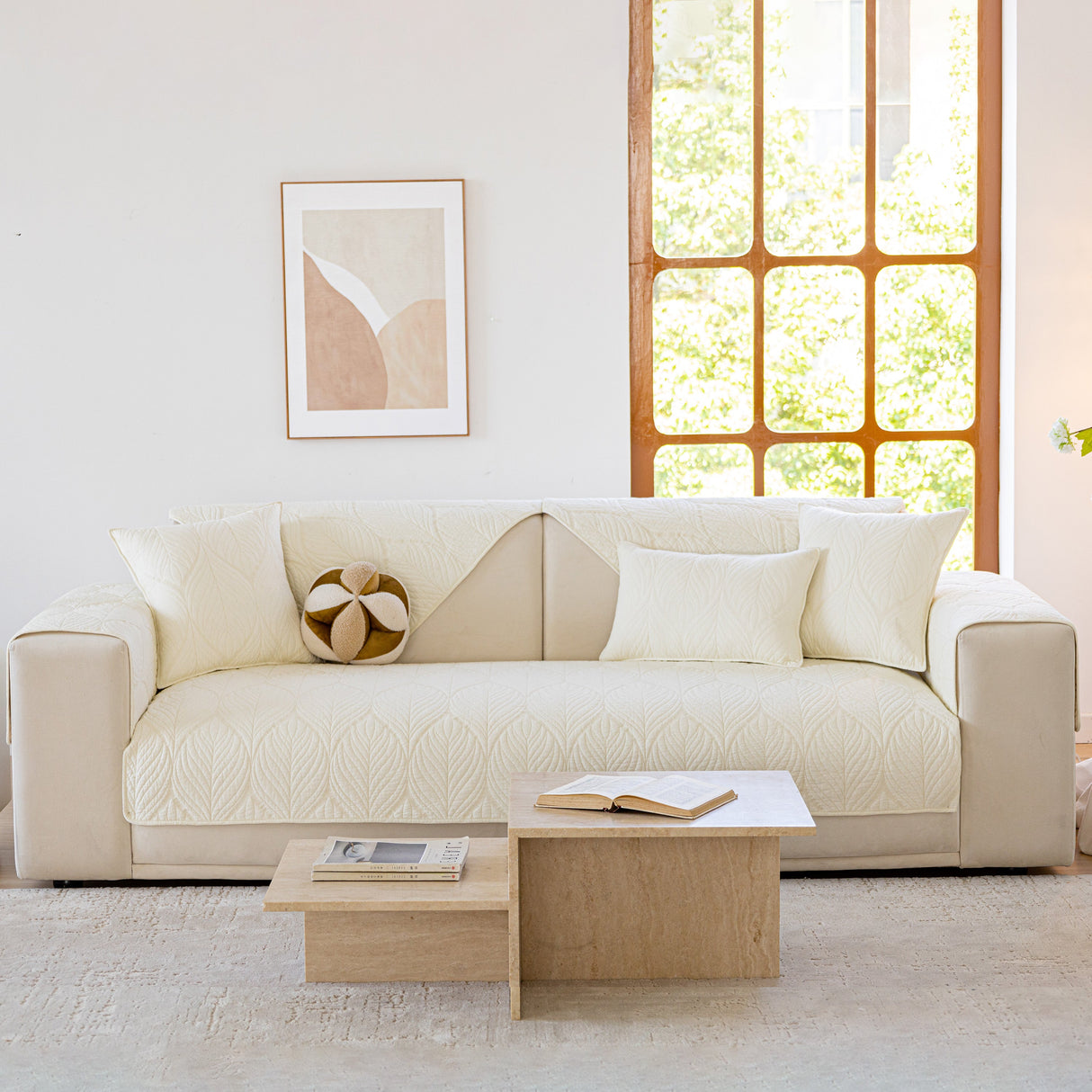 Leaf Vein Textured Cotton Quilted Sofa Slipcover, Non-Slip Modular Couch Covers