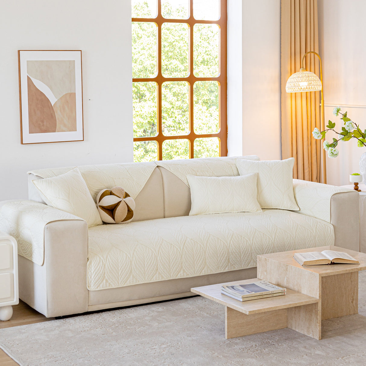 Leaf Vein Textured Cotton Quilted Sofa Slipcover, Non-Slip Modular Couch Covers