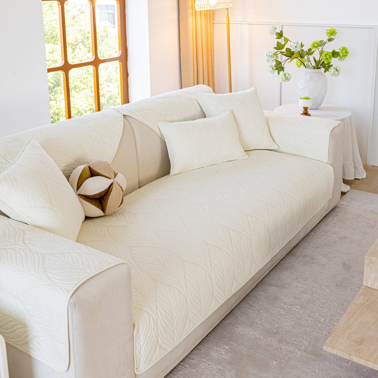 Leaf Vein Textured Cotton Quilted Sofa Slipcover, Non-Slip Modular Couch Covers