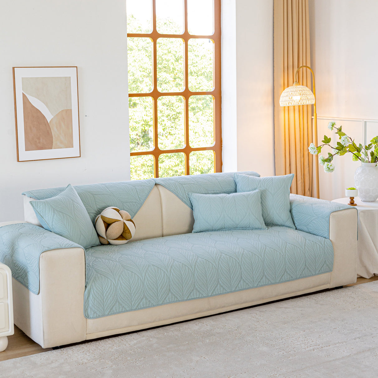Leaf Vein Textured Cotton Quilted Sofa Slipcover, Non-Slip Modular Couch Covers