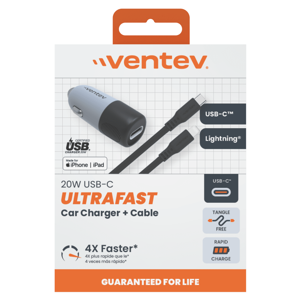 Ventev 20W ULTRAFAST USB C Universal Car Charger and USB C to Apple Lightning Cable by Ventev