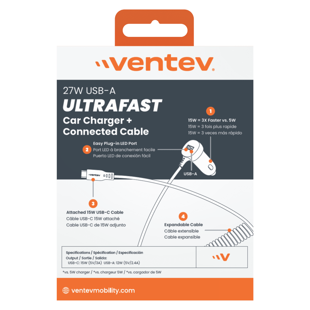 Ventev 27W ULTRAFAST Car Charger and USB-C Connected Cable by Ventev