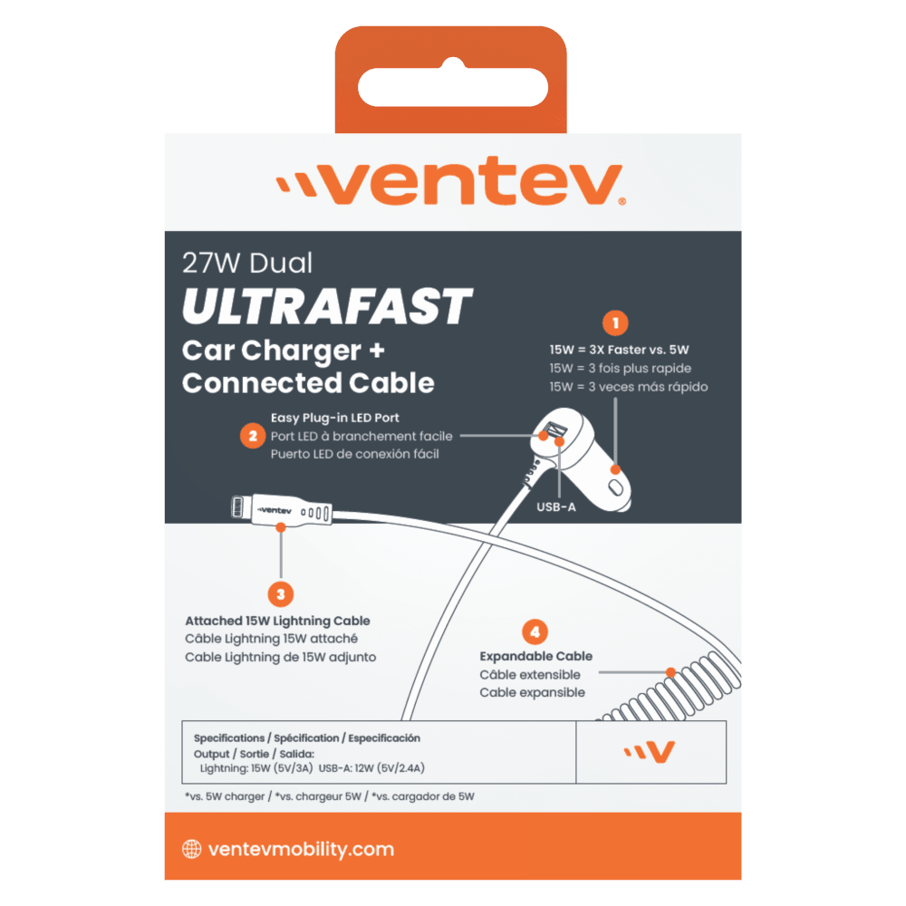 Ventev 27W ULTRAFAST Car Charger and Apple Lighting Connected Cable by Ventev