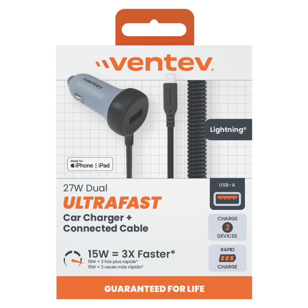 Ventev 27W ULTRAFAST Car Charger and Apple Lighting Connected Cable by Ventev