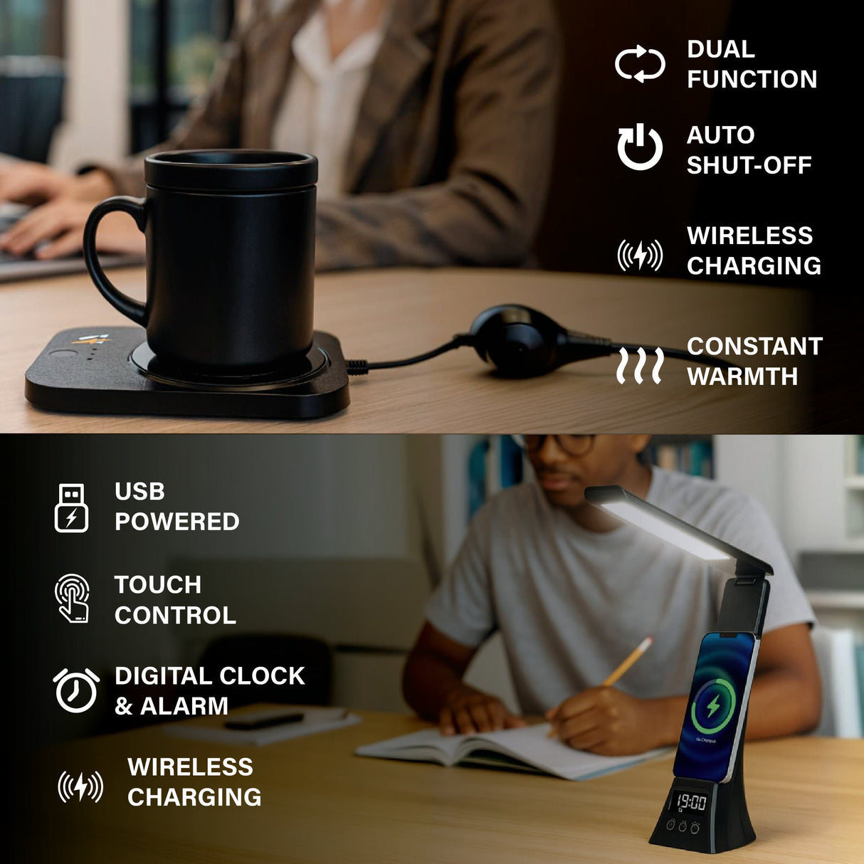 The Modern Workspace Productivity Bundle: Pursonic 3-in-1 LED Desk Lamp + Sip & Charge Wireless & Mug Warmer