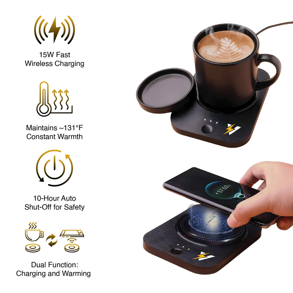 Desk-to-Bedside Power & Comfort Bundle – Sip & Charge 2-in-1 Mug Warmer + 5-in-1 Wireless Charging Alarm Clock Speaker