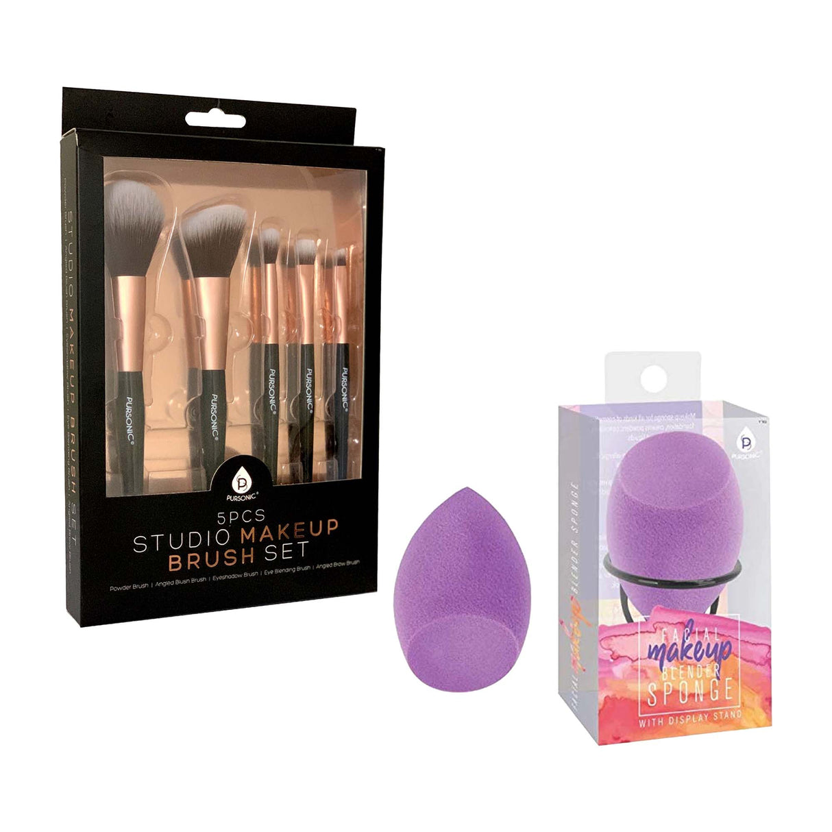 Pursonic Complete Makeup Application Kit - 5-Piece Studio Makeup Brush Set & Facial Makeup Blender Sponge with Stand by Pursonic