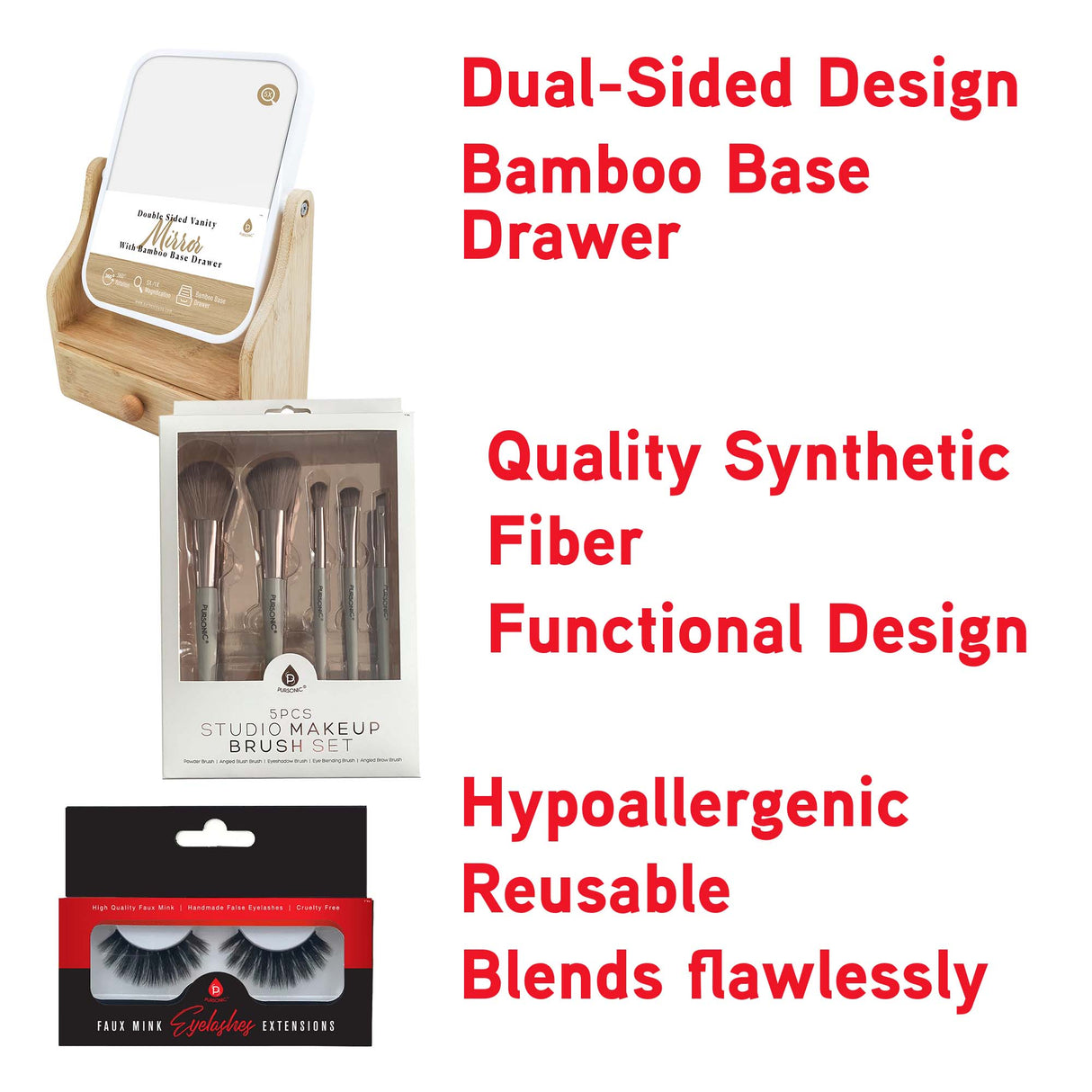 Pursonic Glamour Essentials Bundle: 5pc Studio Makeup Brush Set + False Eyelashes Extensions + Dual-Sided Vanity Mirror by Pursonic