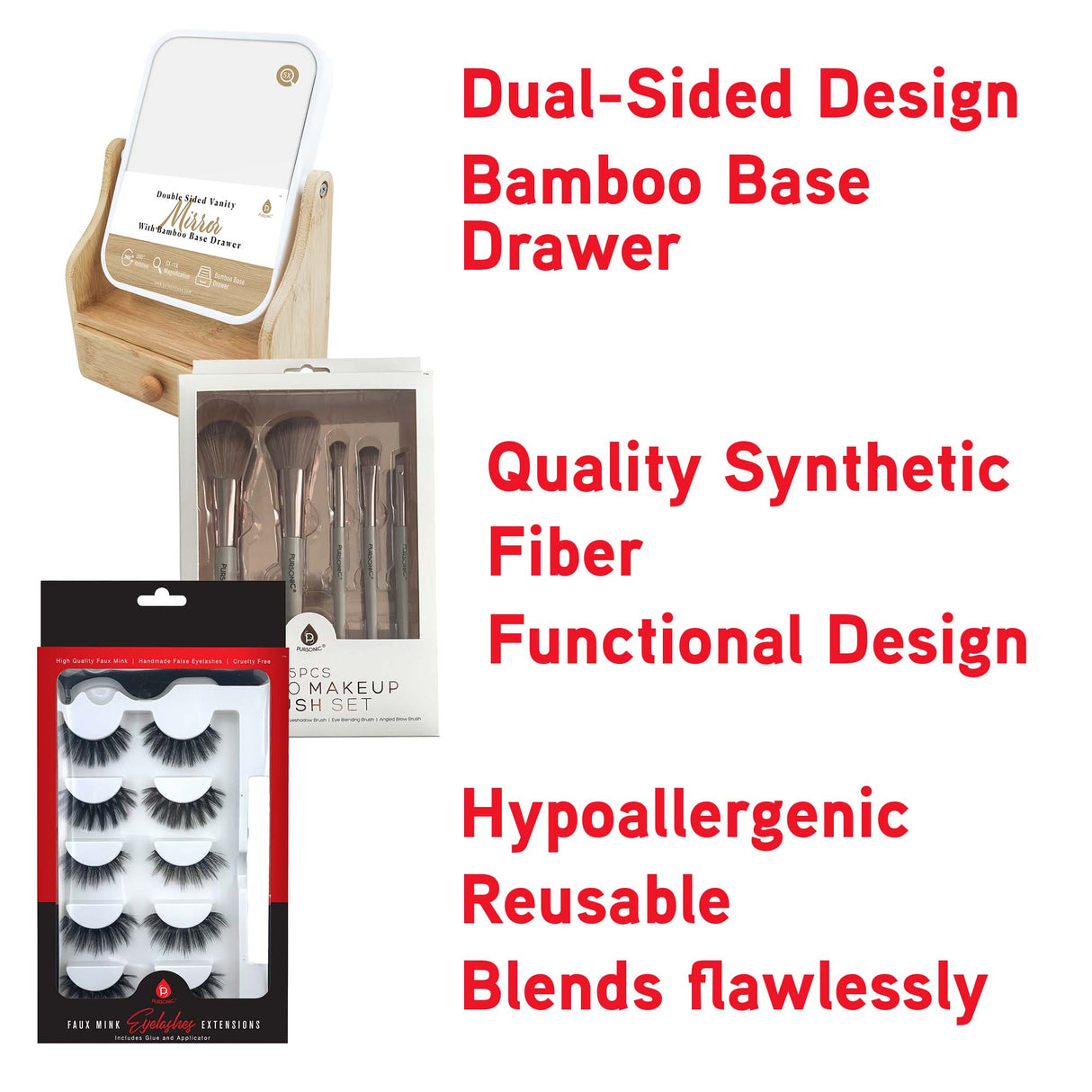 Pursonic Glamour Essentials Bundle: 5pc Studio Makeup Brush Set + False Eyelashes Extensions + Dual-Sided Vanity Mirror by Pursonic