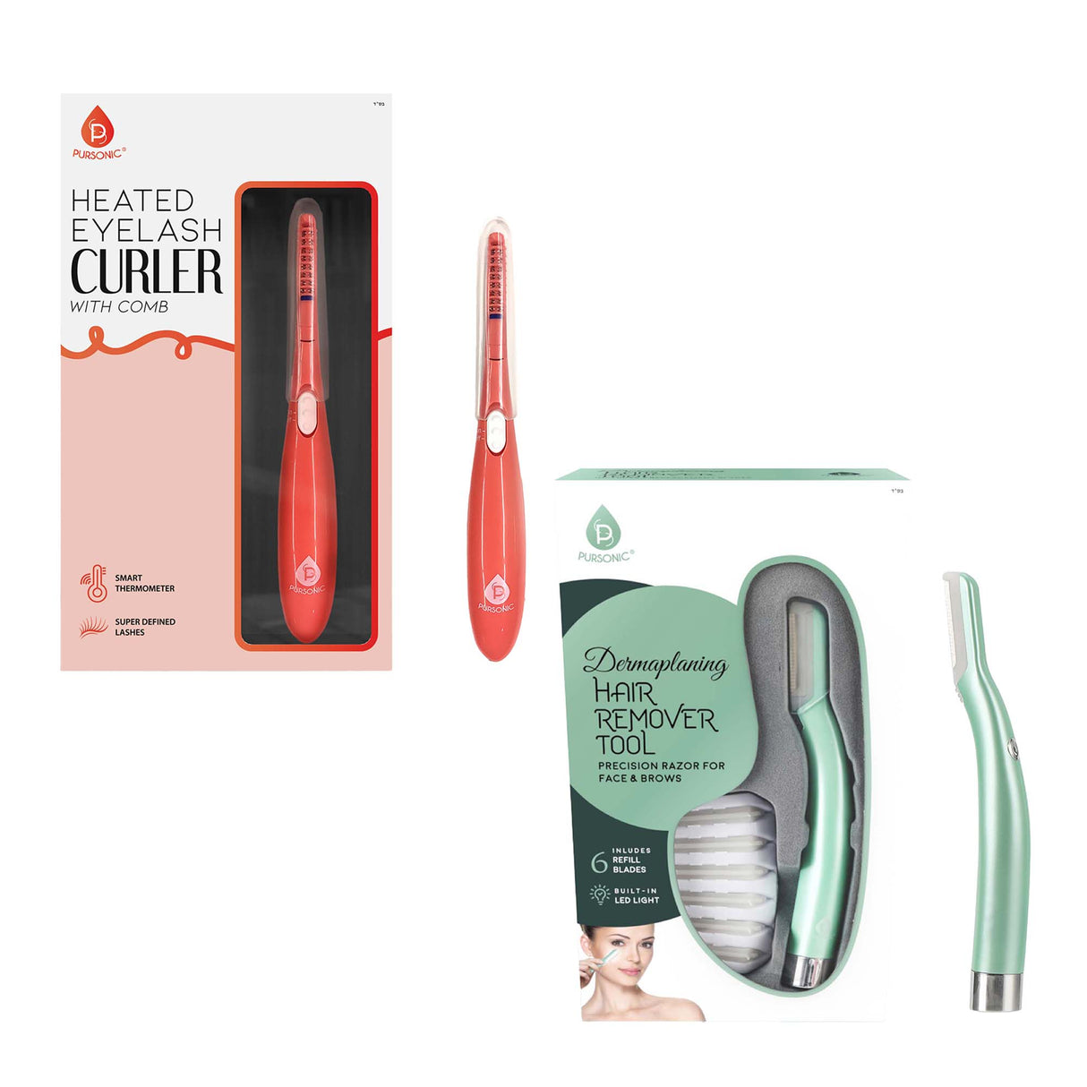 Pursonic Beauty Duo Bundle – Heated Eyelash Curler with Comb + Precision Dermaplaning Hair Remover Tool for Flawless Lashes and Smooth Skin by Pursonic