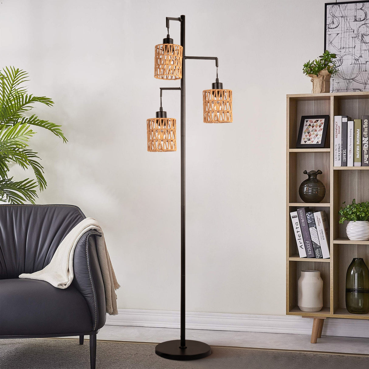 3-Head Boho Rattan Floor Lamp