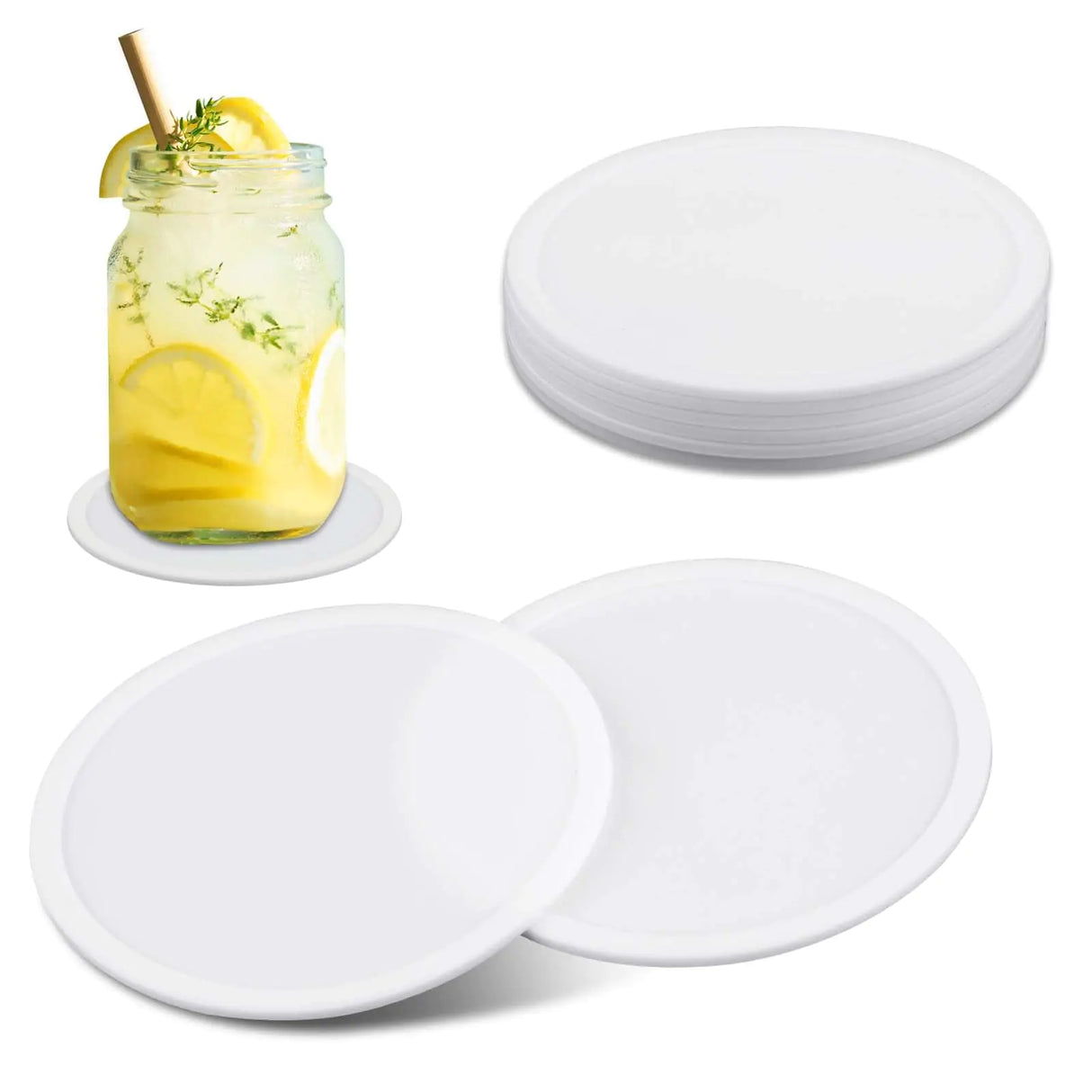 Lusofie 6Pcs Silicone Coasters for Drinks Round White Cup Coasters Heat Resistant Non Slip Rubber Coasters Cushion Mat for Table Desk Office Kitchen Bar Furniture Protection(9cm/3.54in)