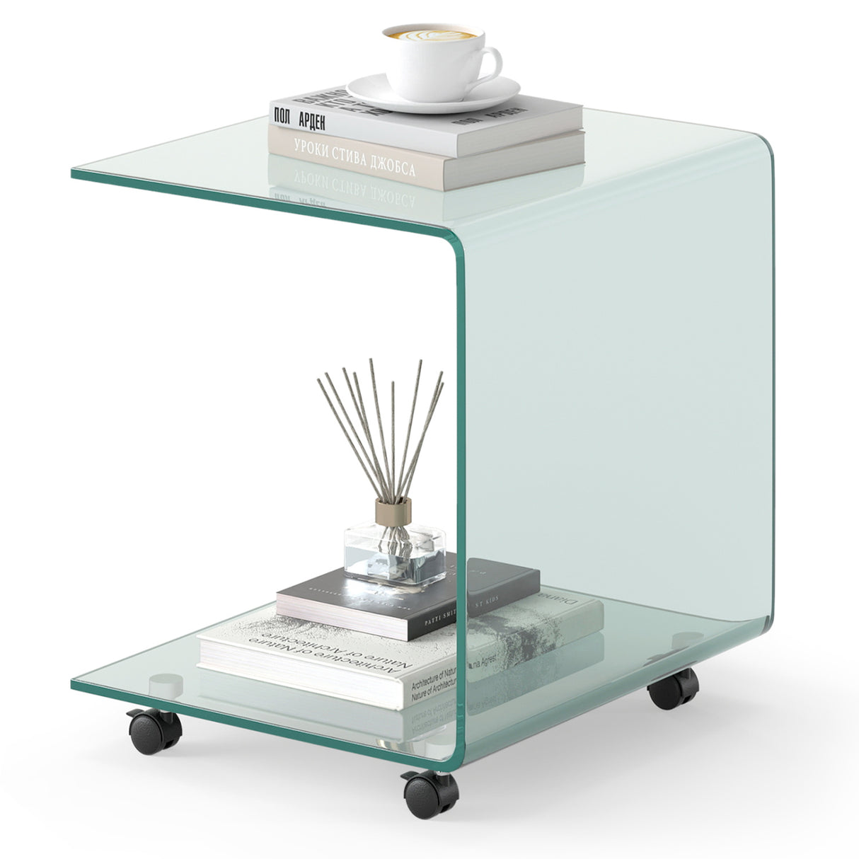 C-Shaped End Table Modern Tempered Glass Side Table with Shelf-Transparent