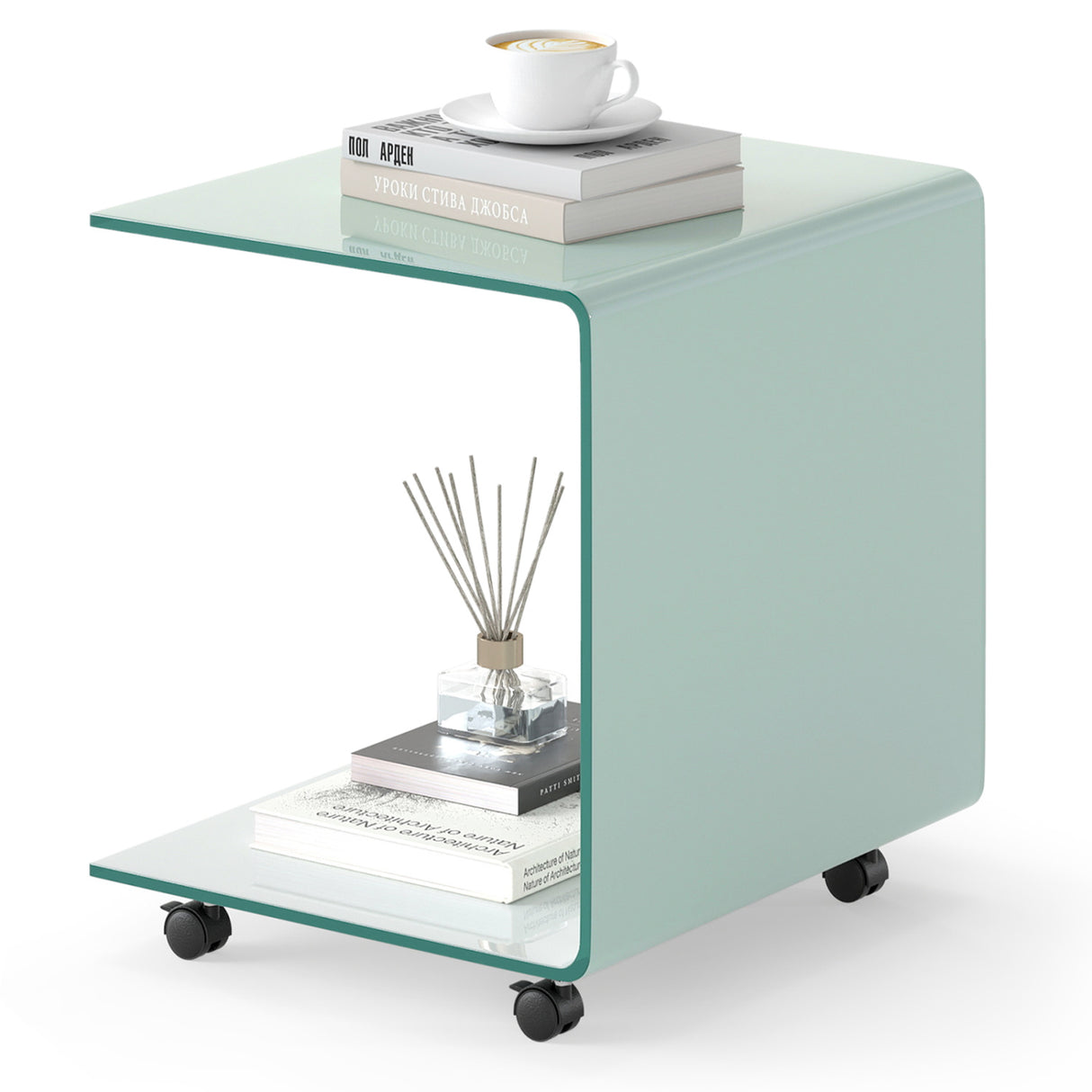 C-Shaped End Table Modern Tempered Glass Side Table with Shelf-White