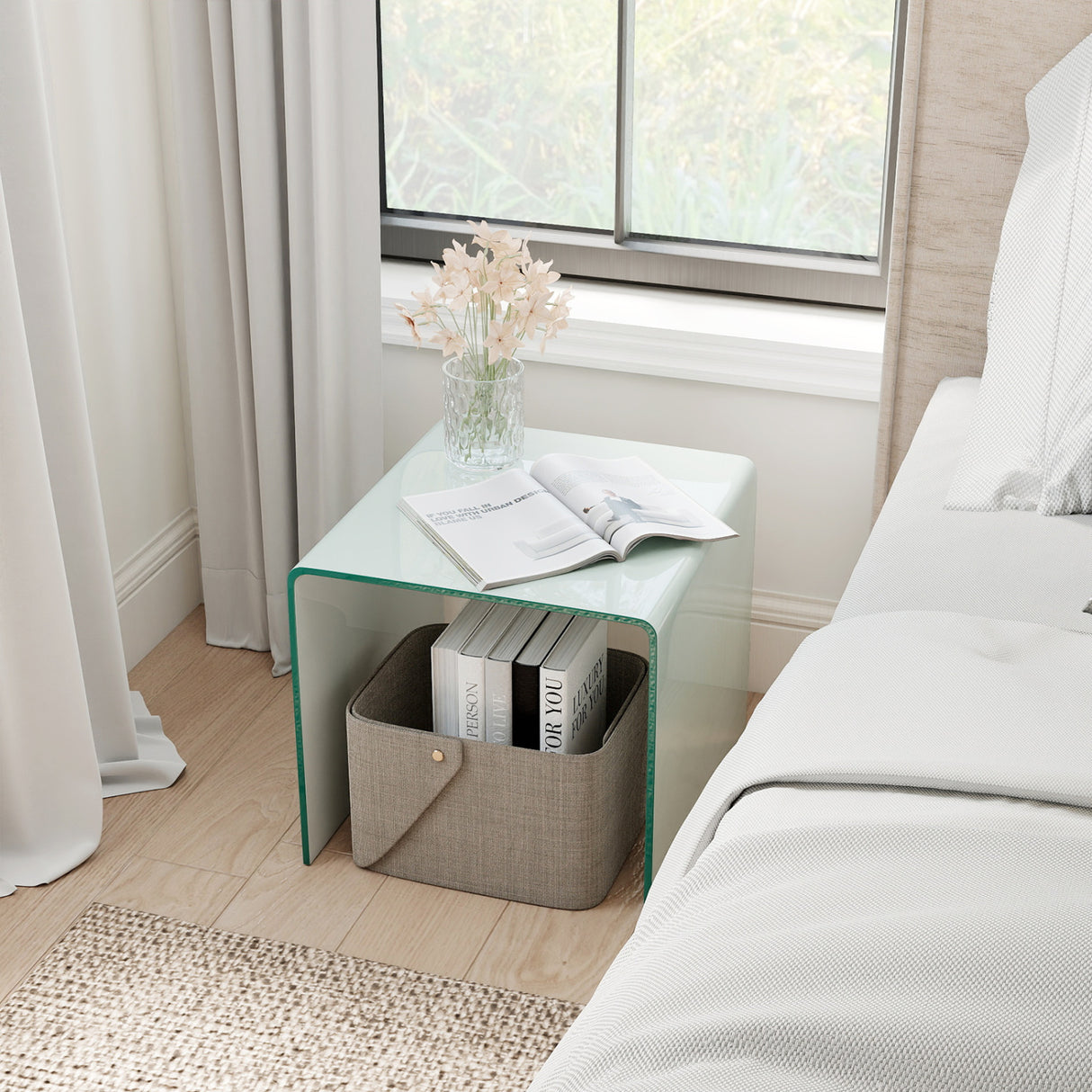 C-Shaped End Table Modern Tempered Glass Side Table with Shelf-White
