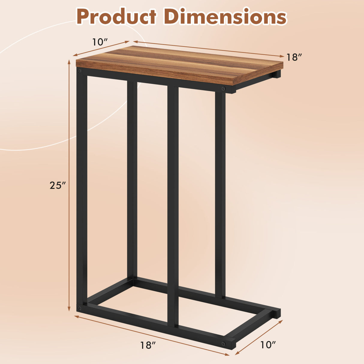 C-Shaped End Table Small Side Table with Sturdy Metal Frame-Walnut